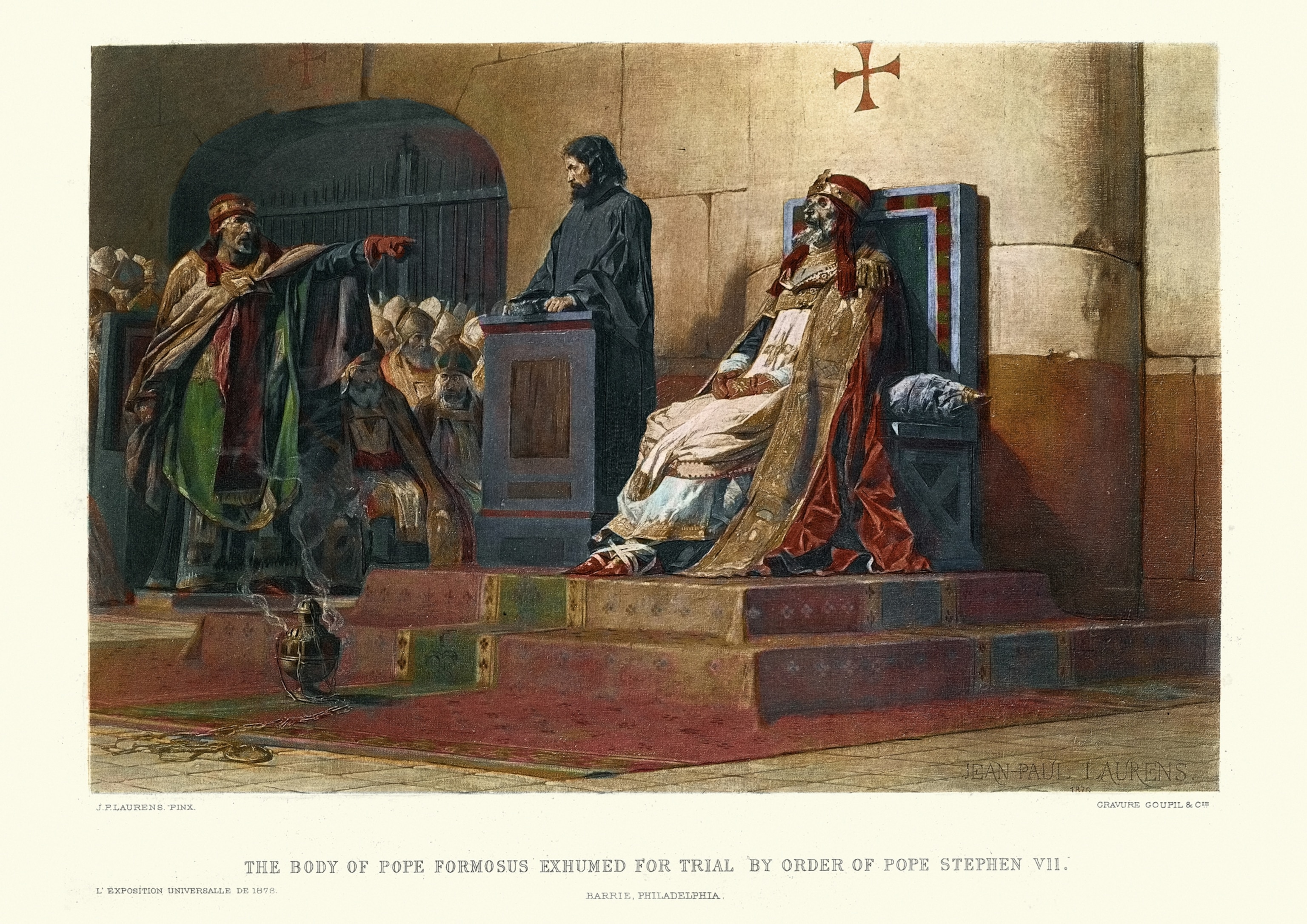 An illustration depicts multiple men gathered for a trial. A man on the left points at the body of a deceased man which sits at center. Another man in all black stands at a podium between the two. A large group of men sit gathered in the far back.