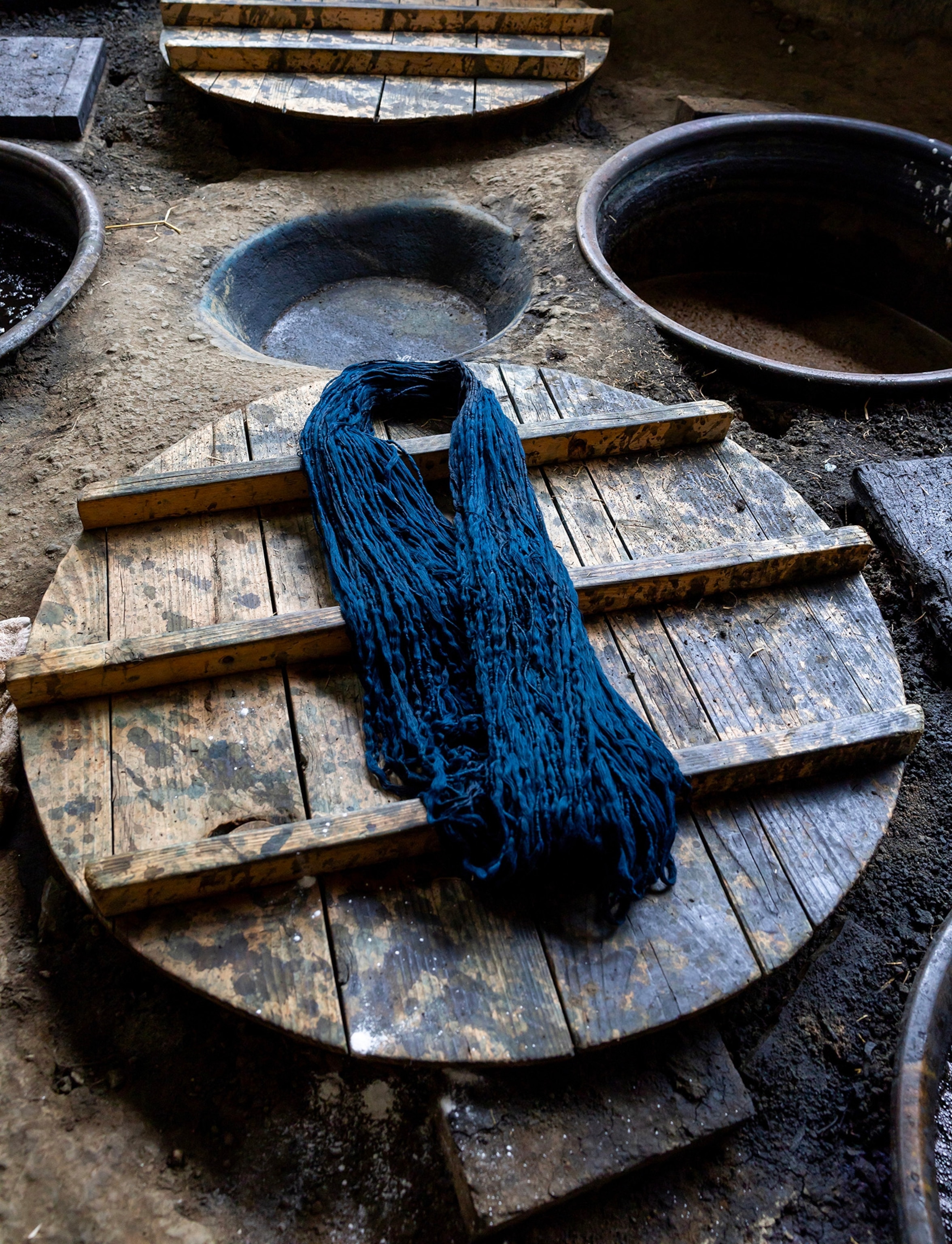 Kurume Kasuri indigo dyeing process in Aika Tanaka Kasuri Kobo workshop, Kyushu region, Chikugo, Japan.