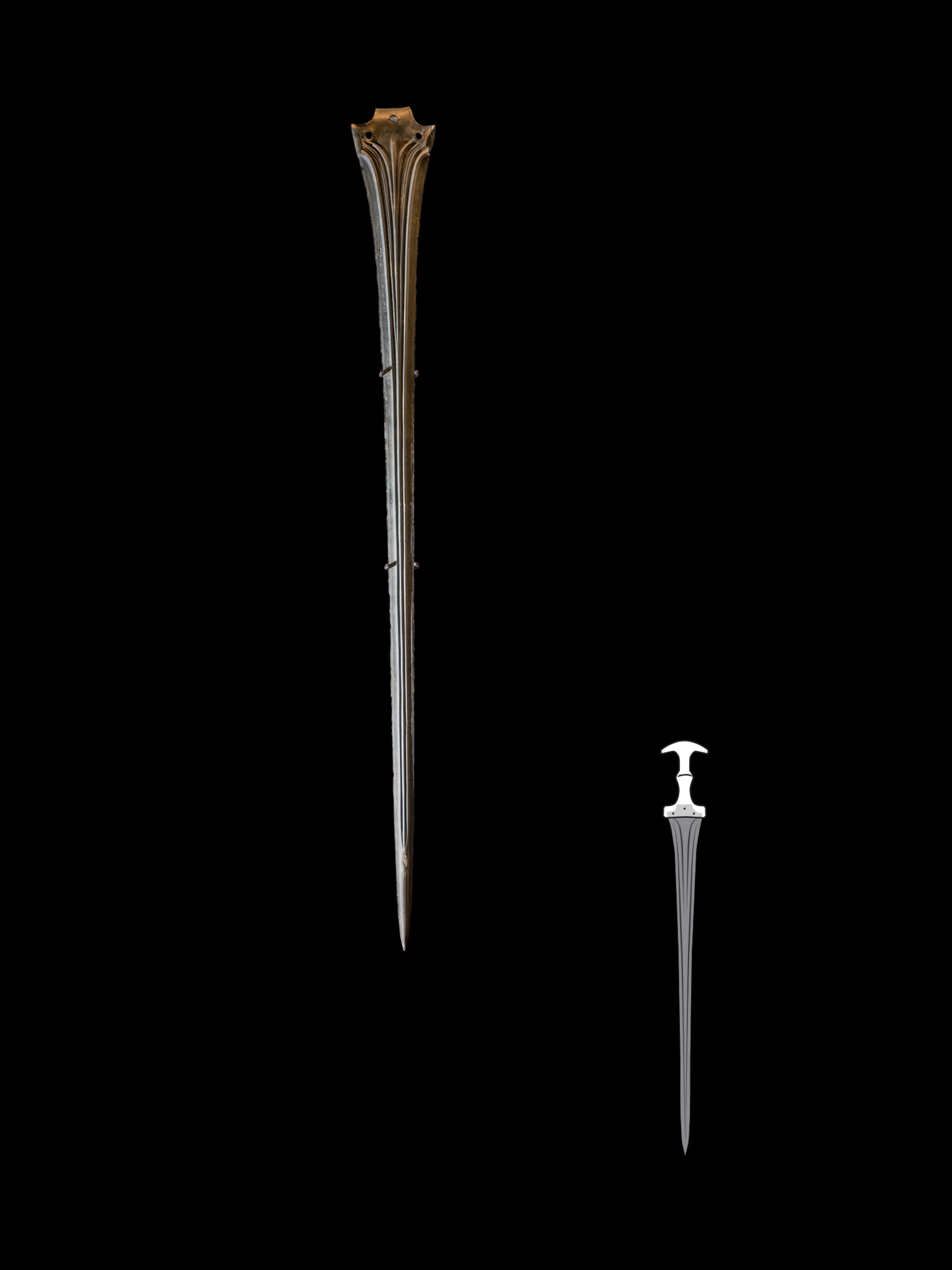 A bronze sword. Inscriptions written in Akkadian language can be seen running down both sides of the sword. Illustration showing completed sword with hilt.